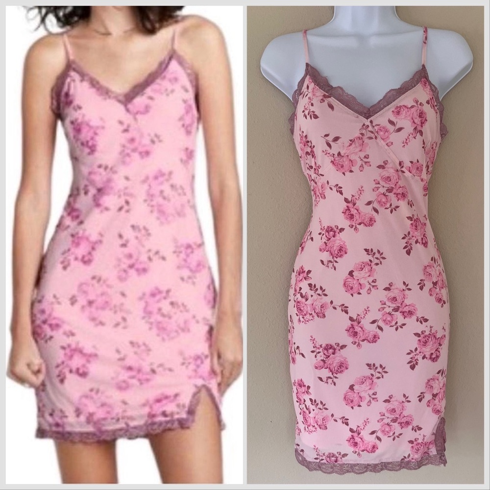 Wild Fable Womens Slip Dress Medium Pink Mesh Lace Floral Babydoll Romantic Rose